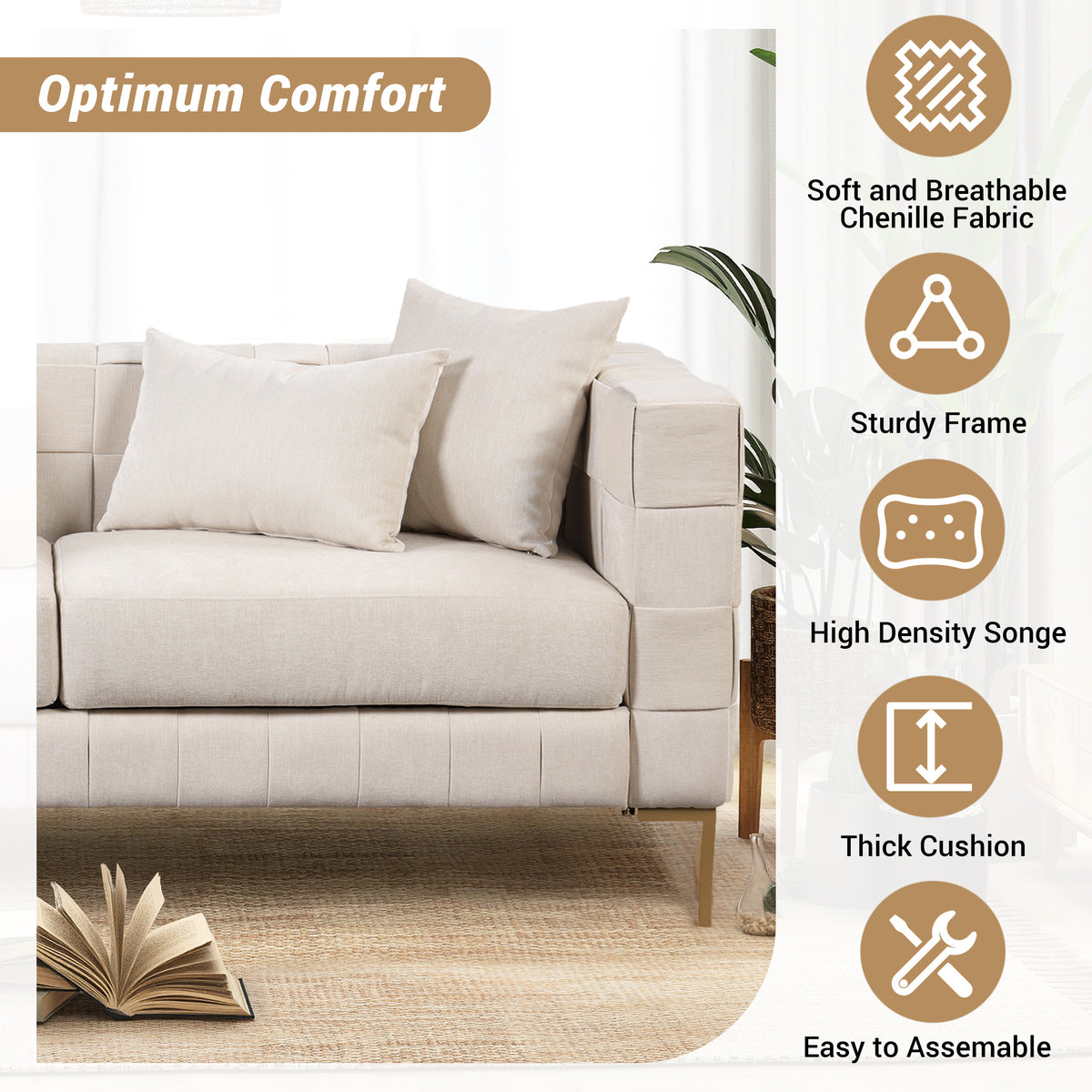 Beige Upholstered Sofa with 4 Pillows and Golden Metal Legs E4997