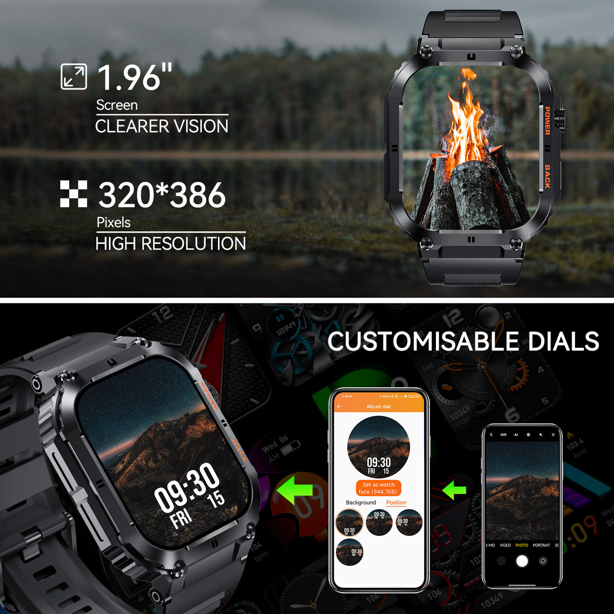 Rugged Tactical Smart Watch with 1.96'' HD Outdoor Fitness Tracker O5326