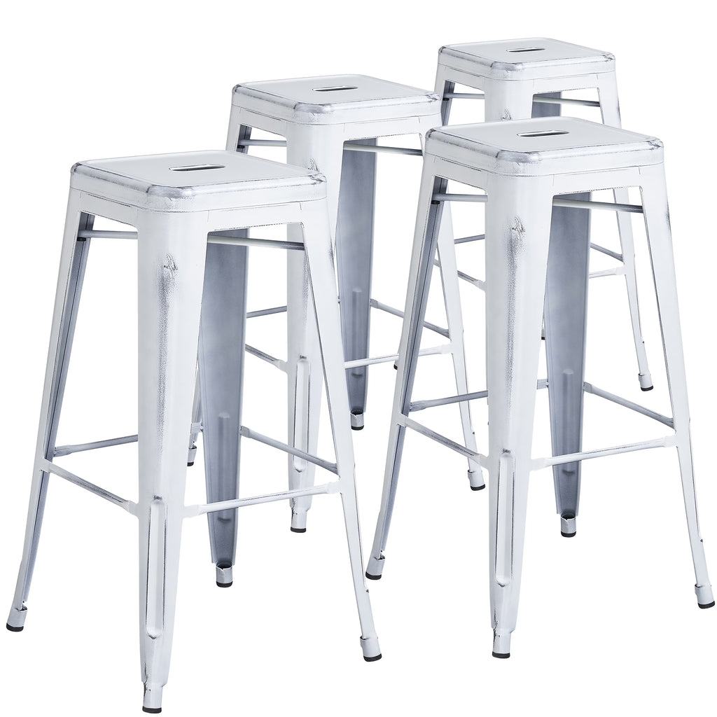 4 Pack 30" High Backless Distressed White Metal Barstool P4176