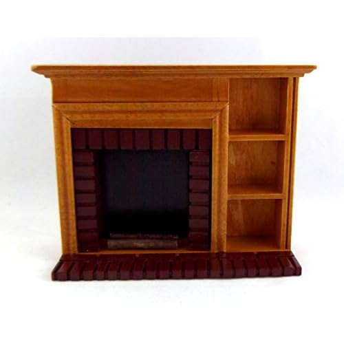 Walnut Red Brick Fireplace with Shelves Dollhouse Miniature Furniture J239065