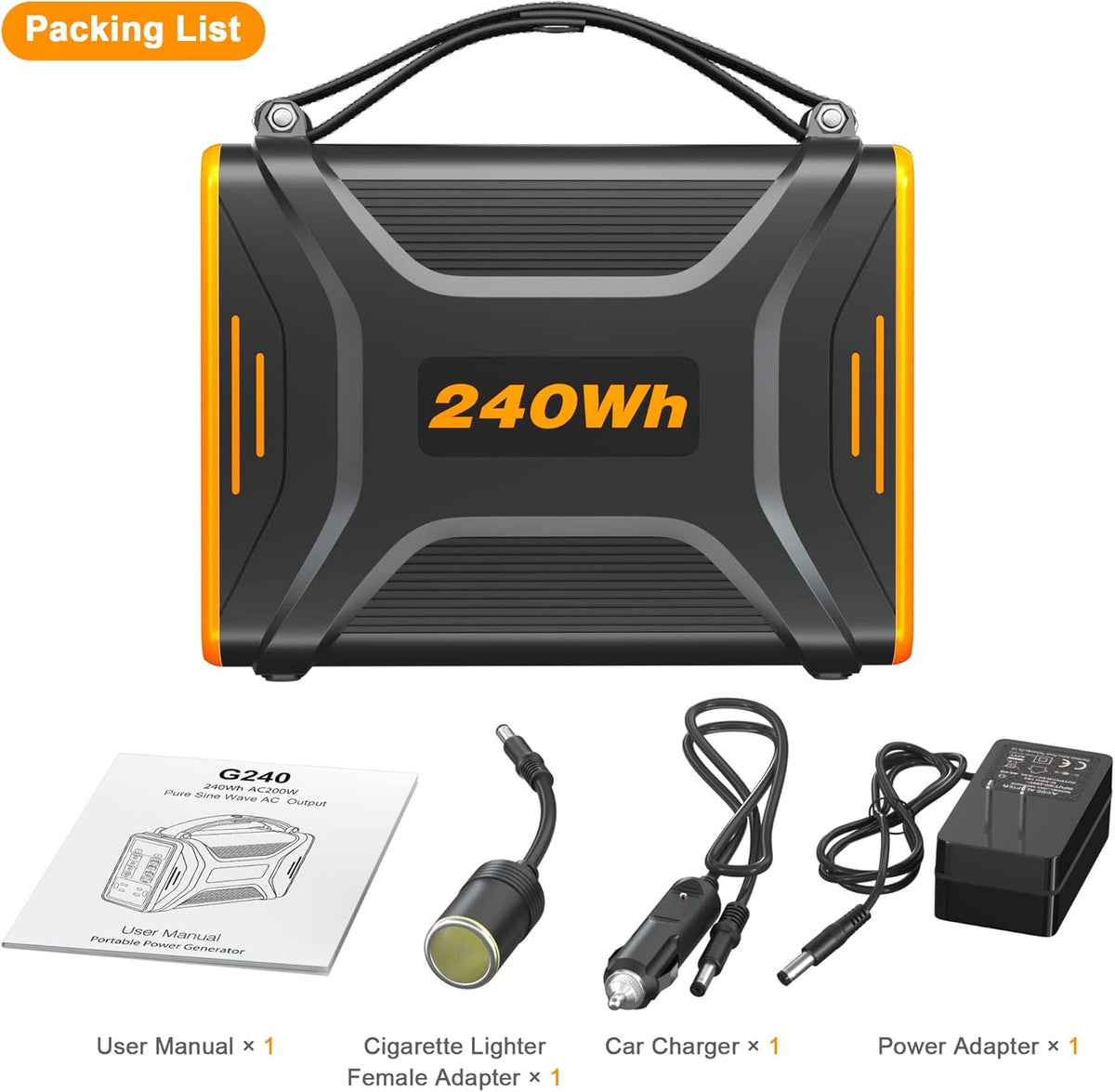 Portable Power Station, 240Wh LiFePO4 Battery, 200W Pure Sine Wave AC Outlet O698