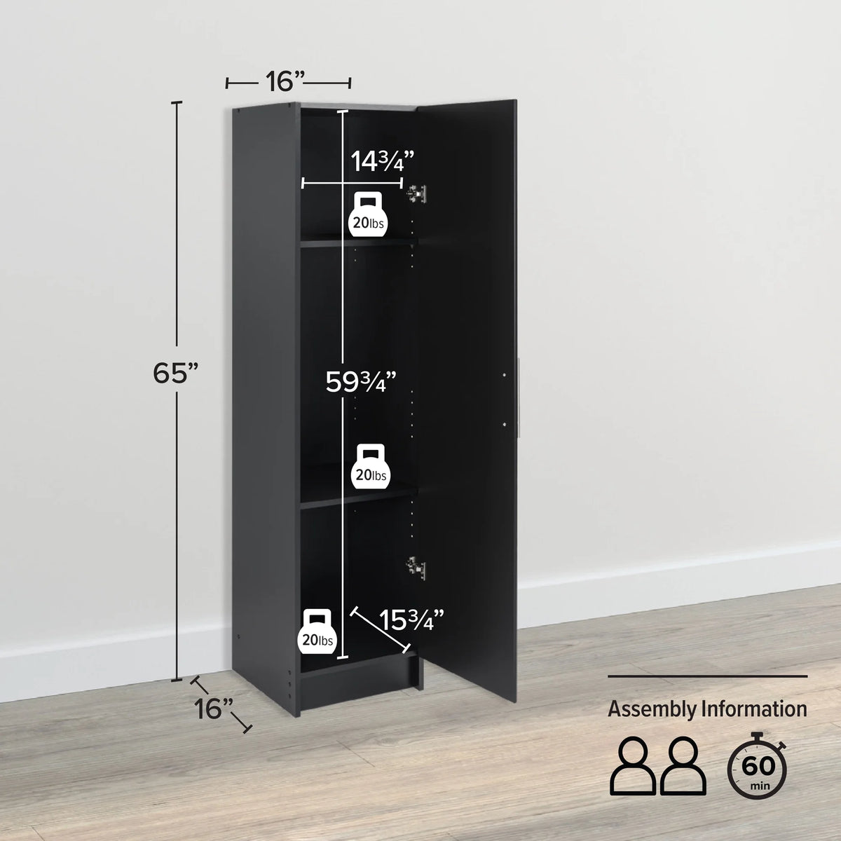 Black 16" Storage Cabinet with 2 Adjustable Shelves F599