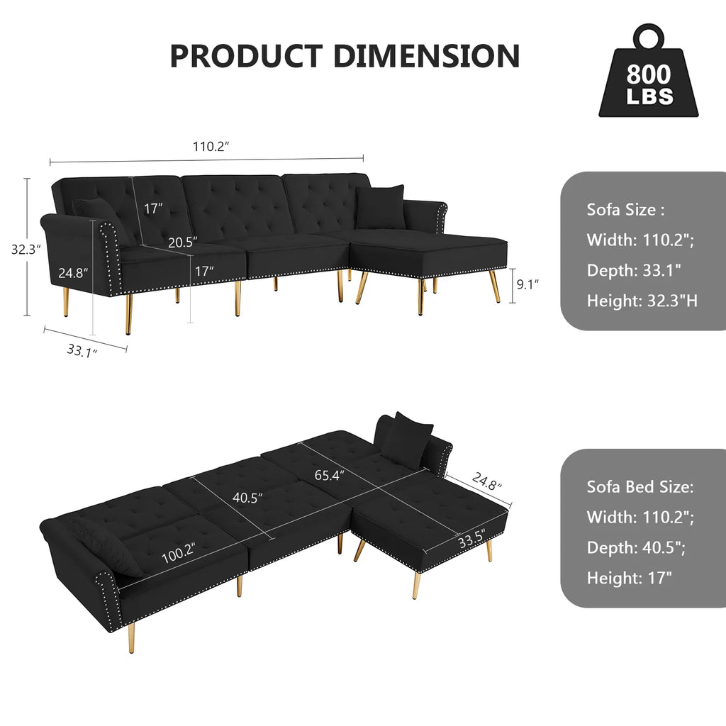 Velvet L Shaped Reversible Sectional Couch with Ottoman H891