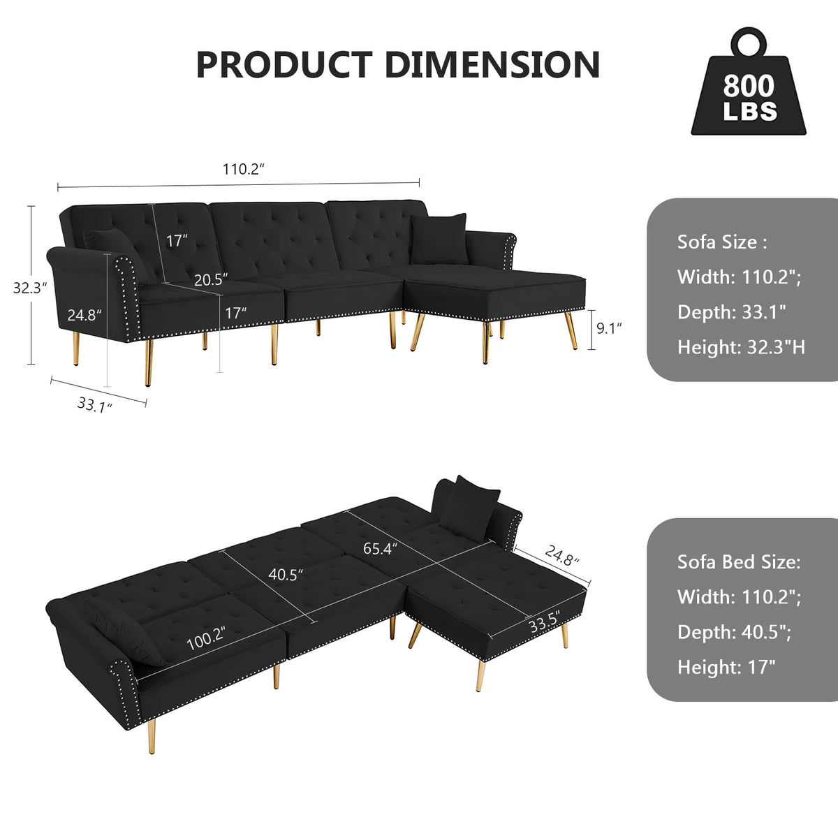Velvet L Shaped Reversible Sectional Couch with Ottoman H891