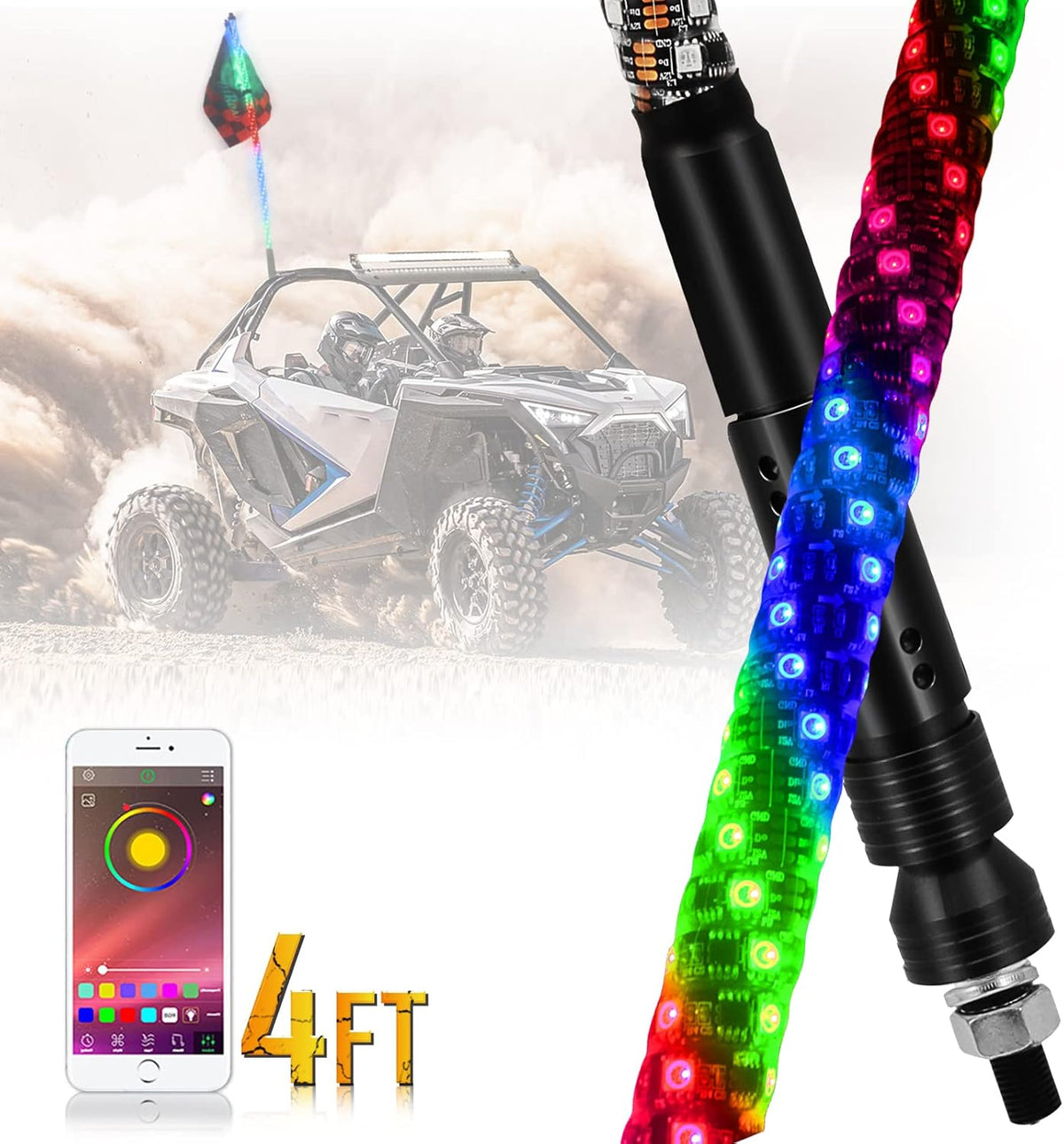 RGB LED Lighted Whip Antenna 3ft Pack of 2 L7728