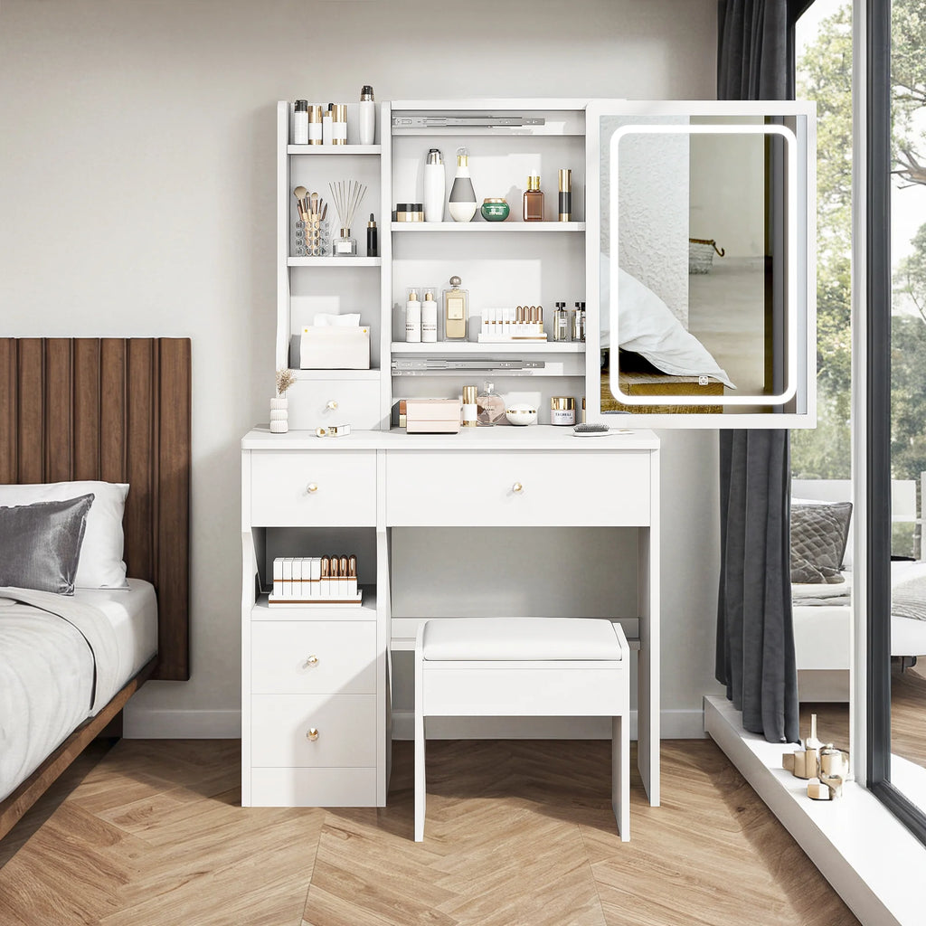 White Vanity Table with Lighted Mirror and Stool S5706