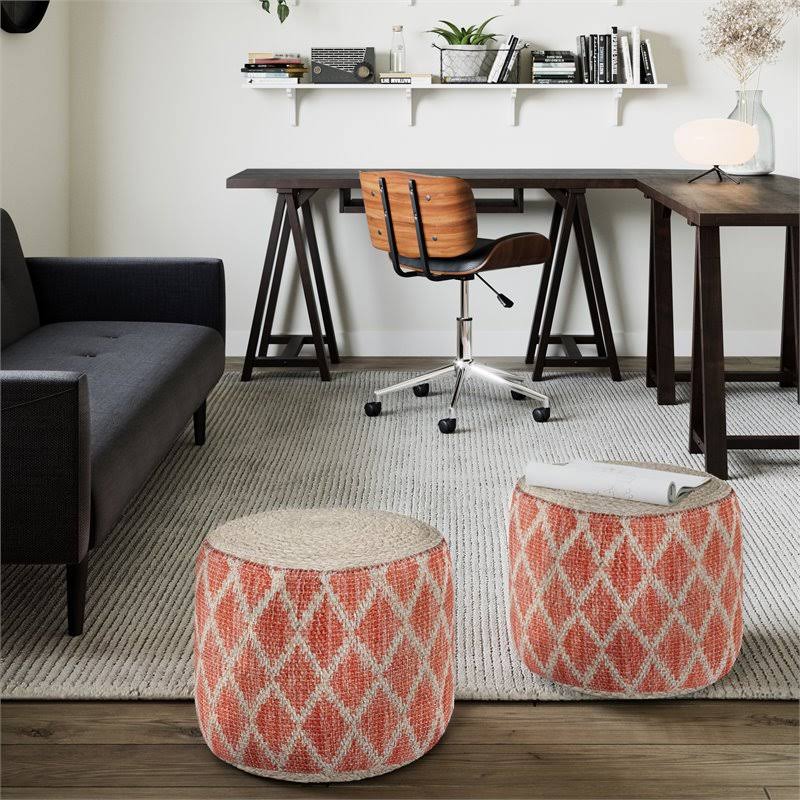 Coral and Natural Woven Braided Jute Round Pouf Y283368