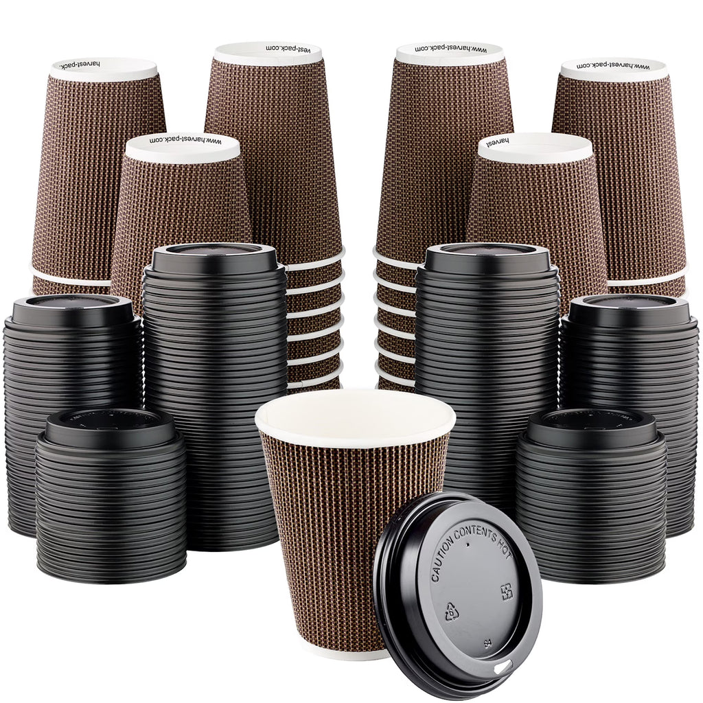 Disposable 12 fl oz Brown Rippled Double-Walled Paper Hot Cup with Lid 400 Sets U61868