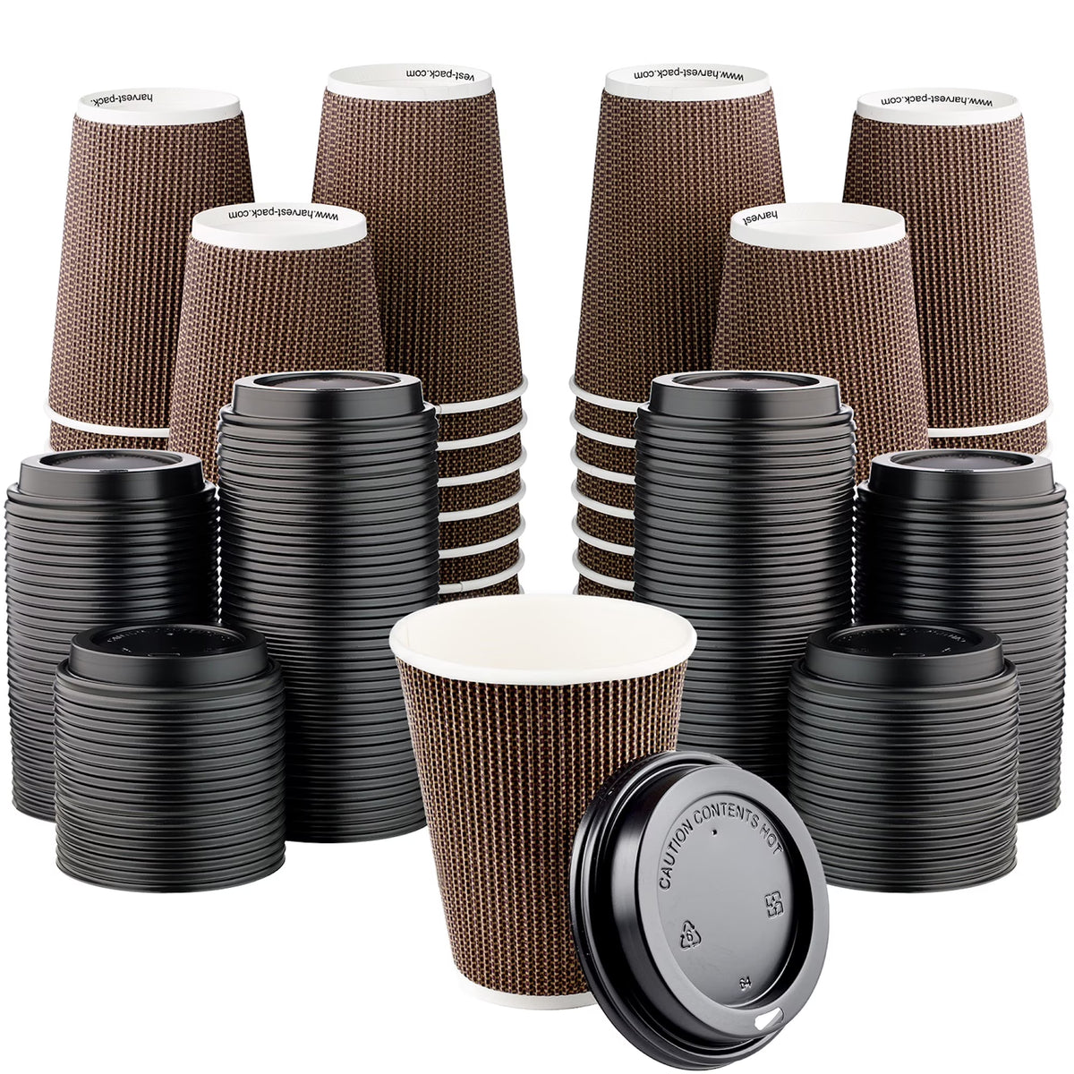 Disposable 12 fl oz Brown Rippled Double-Walled Paper Hot Cup with Lid 400 Sets U61868