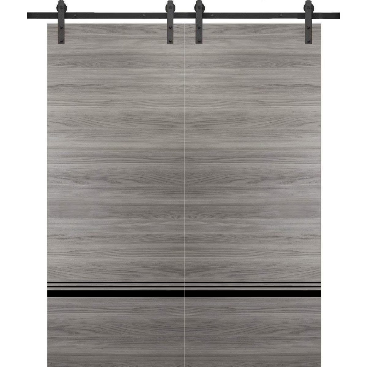 Double Barn Door 36 x 80 inches Grey Matte with Frosted Glass Stainless Steel Rail Hangers Solid Panel Interior Doors R458152