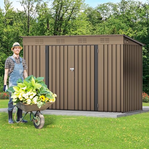 9.1x4.2ft Brown Metal Outdoor Storage Shed H2970