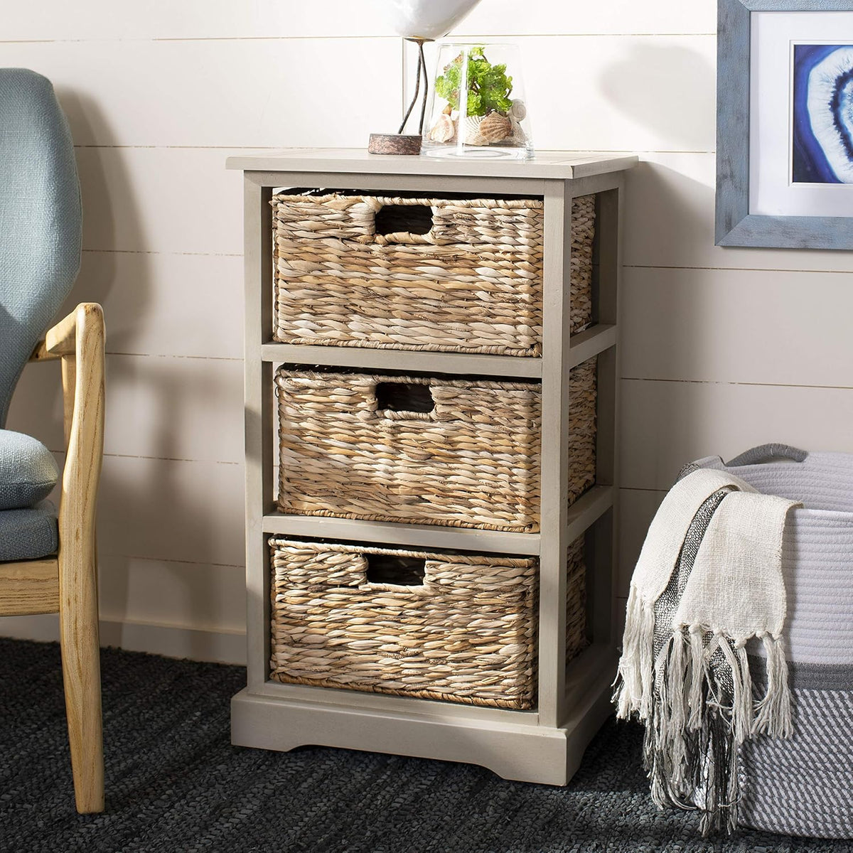 Distressed Black 3 Wicker Basket Storage Side Table I1730