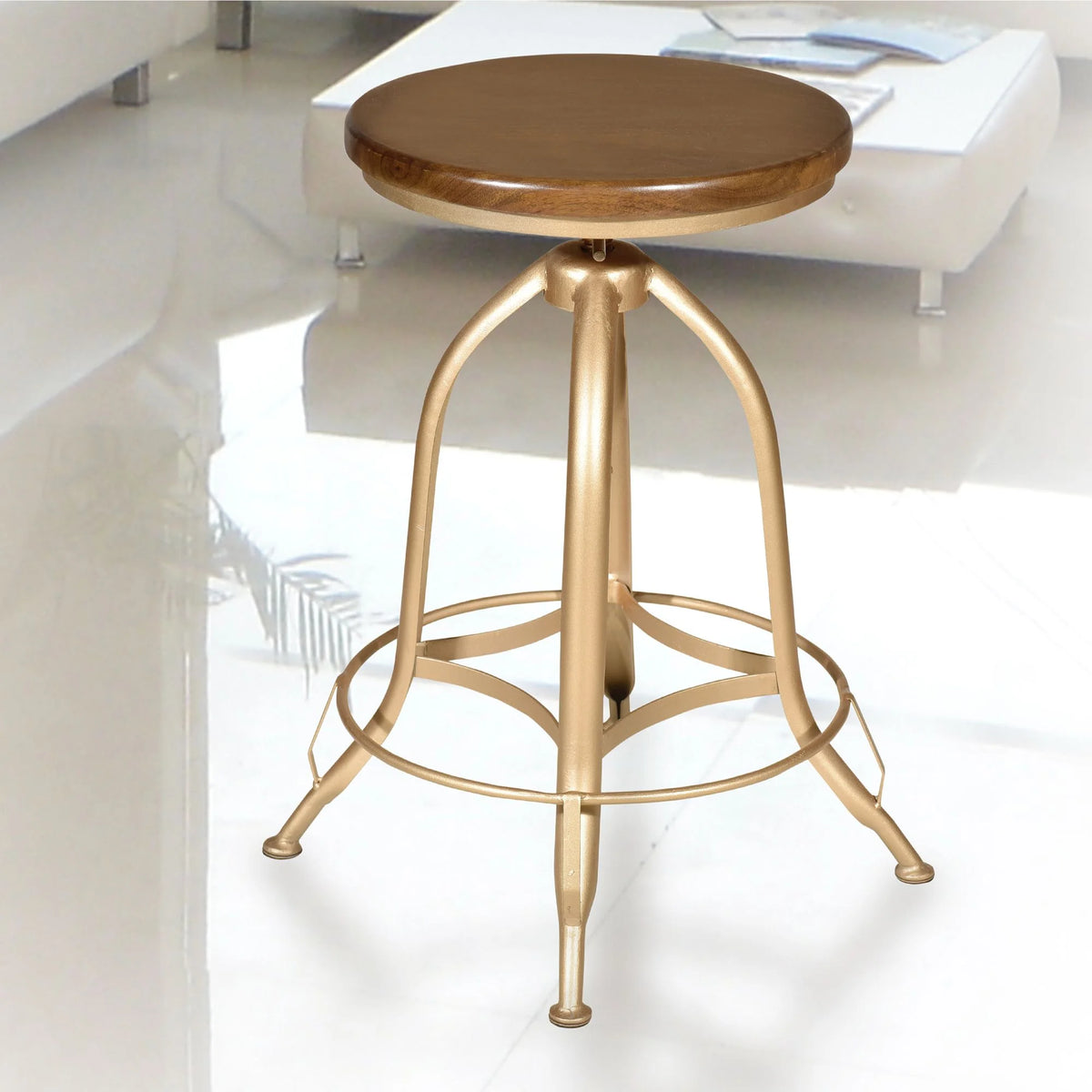 Brown and Gold Adjustable Stool with Wooden Seat U298236