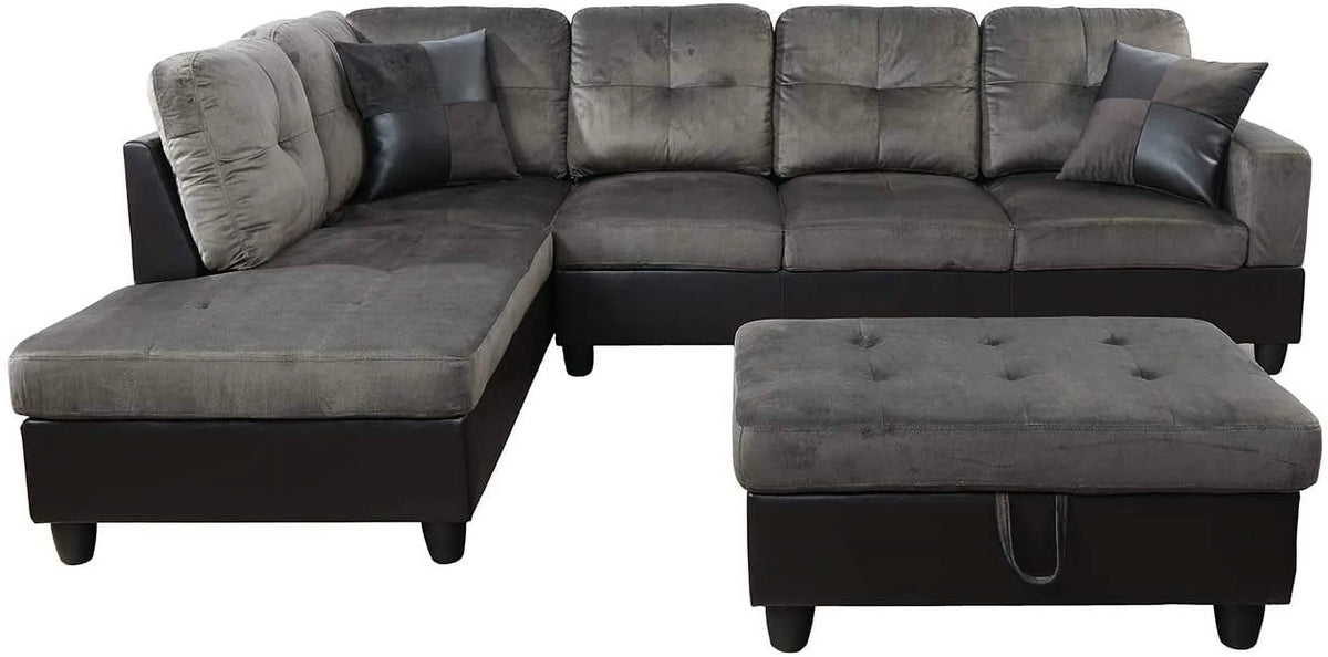 3 Piece Sectional Sofa Set with Right Facing Chaise and Storage Ottoman J37578