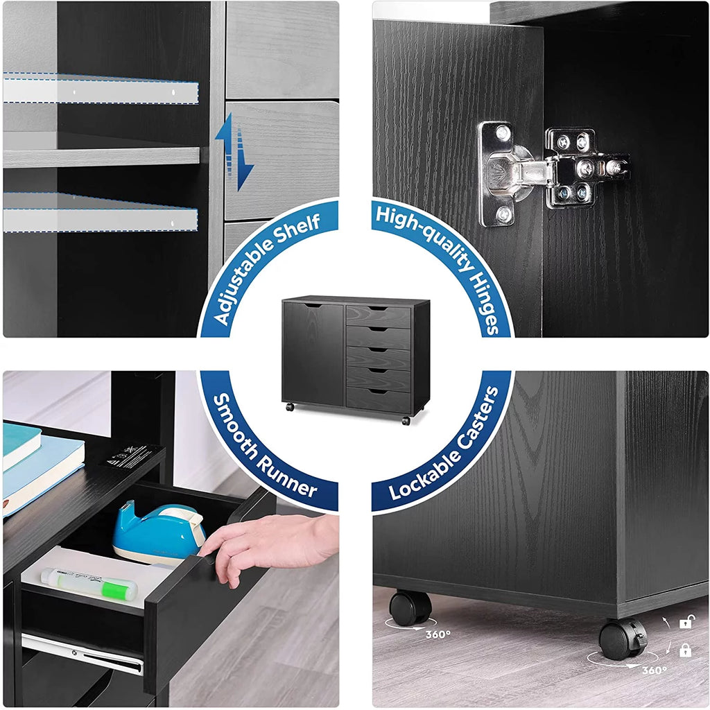 Black 5 Drawer Wood File Cabinet with Wheels C313
