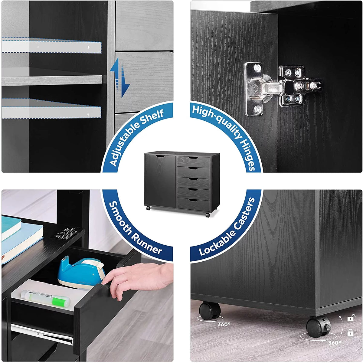 Black 5 Drawer Wood File Cabinet with Wheels C313