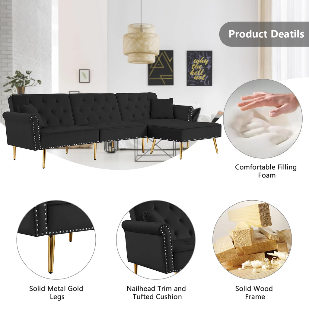 Velvet L Shaped Reversible Sectional Couch with Ottoman H891