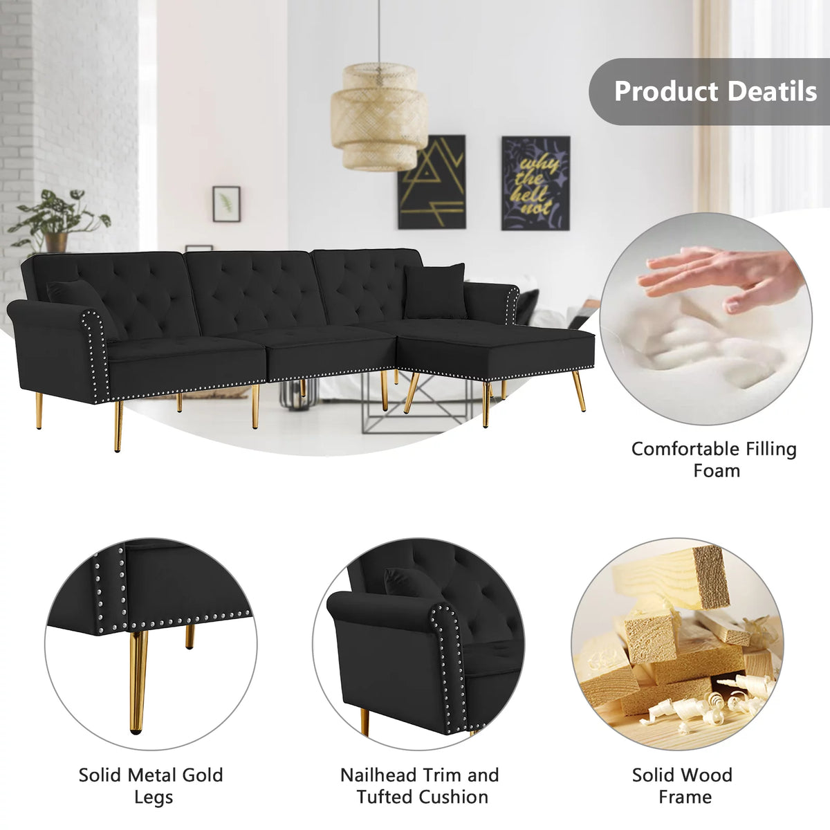 Velvet L Shaped Reversible Sectional Couch with Ottoman H891