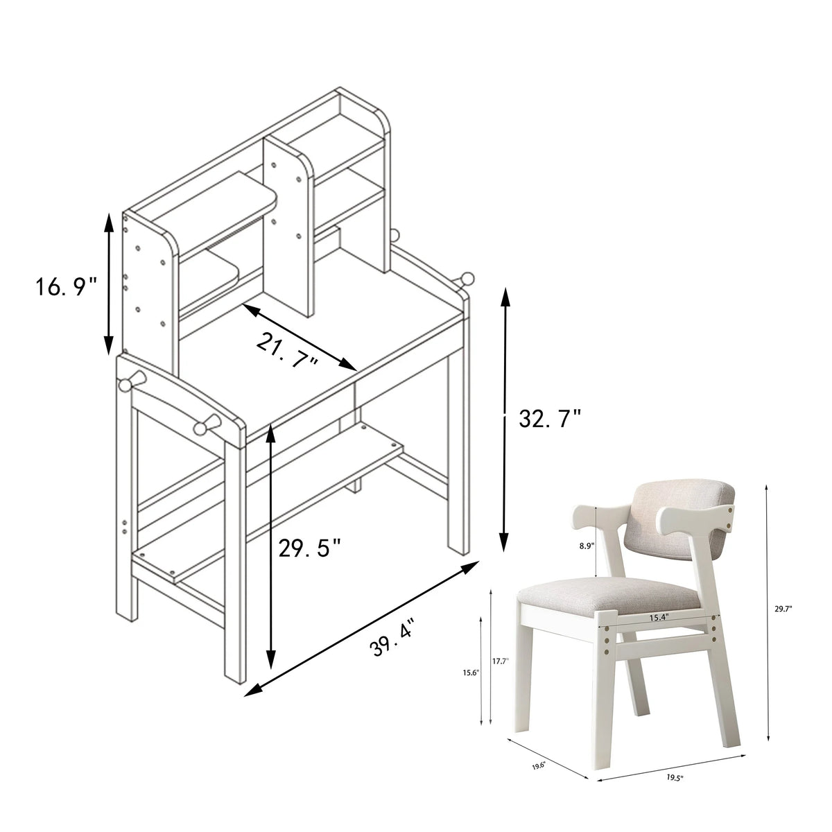 Kids Desk and Chair Set with Drawer and Bookshelf White I318614