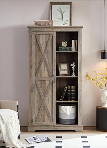 Gray Wash Tall Storage Cabinet with Doors and Open Shelves L88090