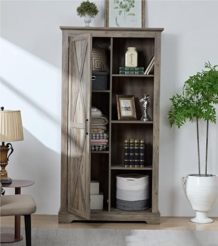 Gray Wash Tall Storage Cabinet with Doors and Open Shelves L88090