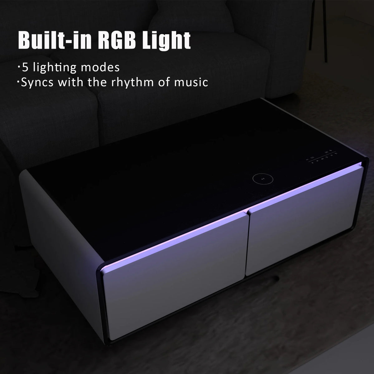 White Smart Coffee Table with Fridge and Bluetooth Speakers A428