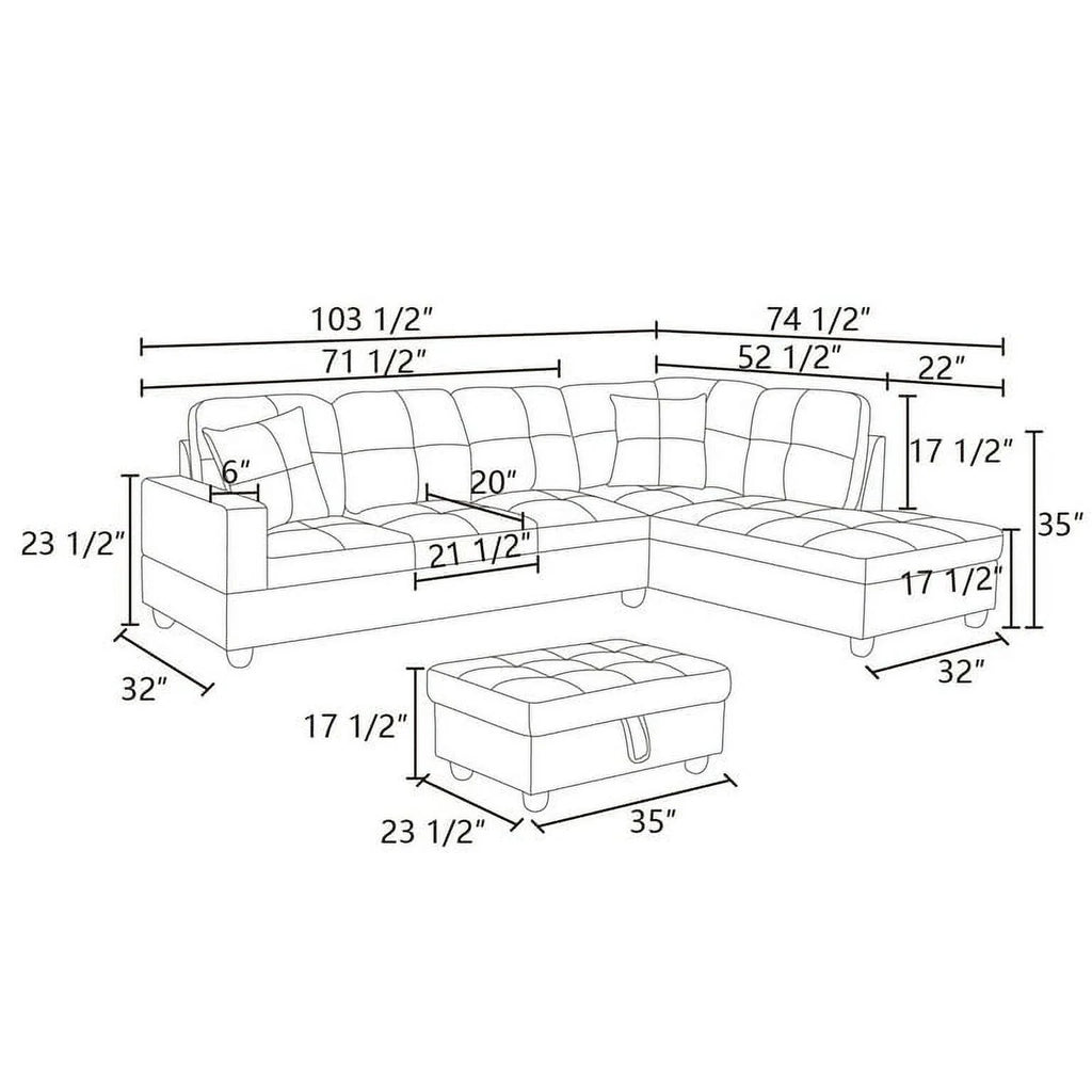 3 Piece Sectional Sofa Set with Right Facing Chaise and Storage Ottoman J37578