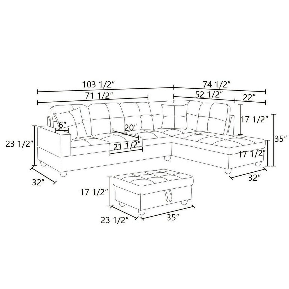 3 Piece Sectional Sofa Set with Right Facing Chaise and Storage Ottoman J37578