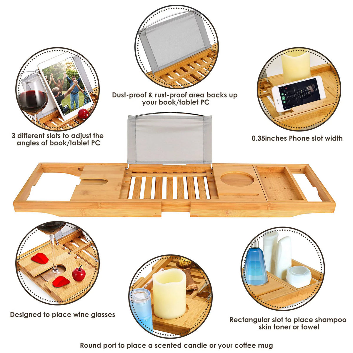 Bamboo Bathtub Caddy Tray with Expandable Sides T24011