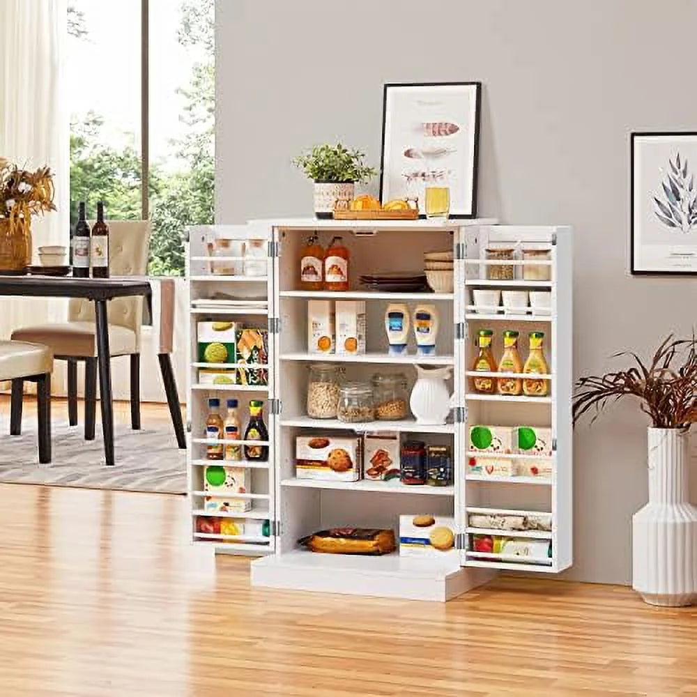 White Wood Pantry Cabinet with Doors and Adjustable Shelves V124