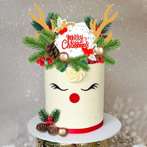 Christmas Cake Topper Deer Elk Cake Decorations with Pine Tree Pine Cones Golden Ball X7948