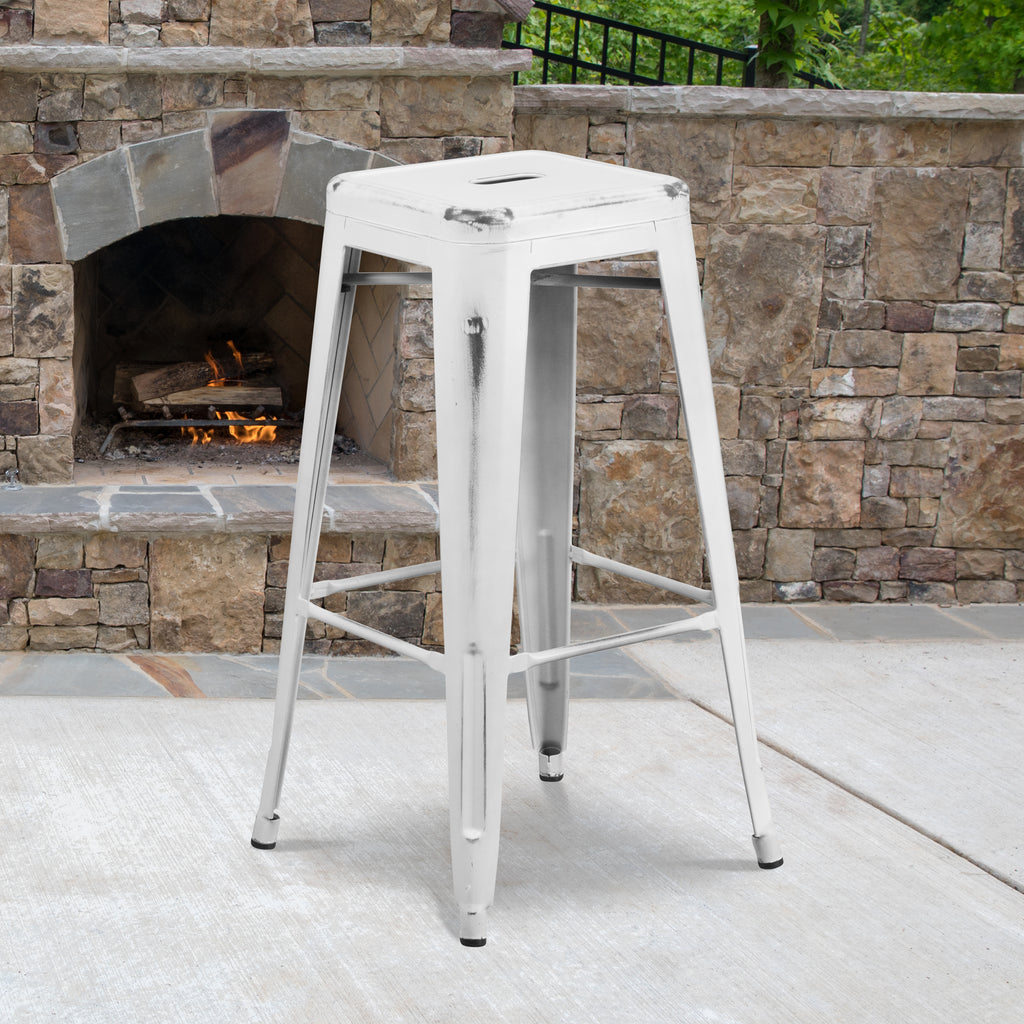 4 Pack 30" High Backless Distressed White Metal Barstool P4176