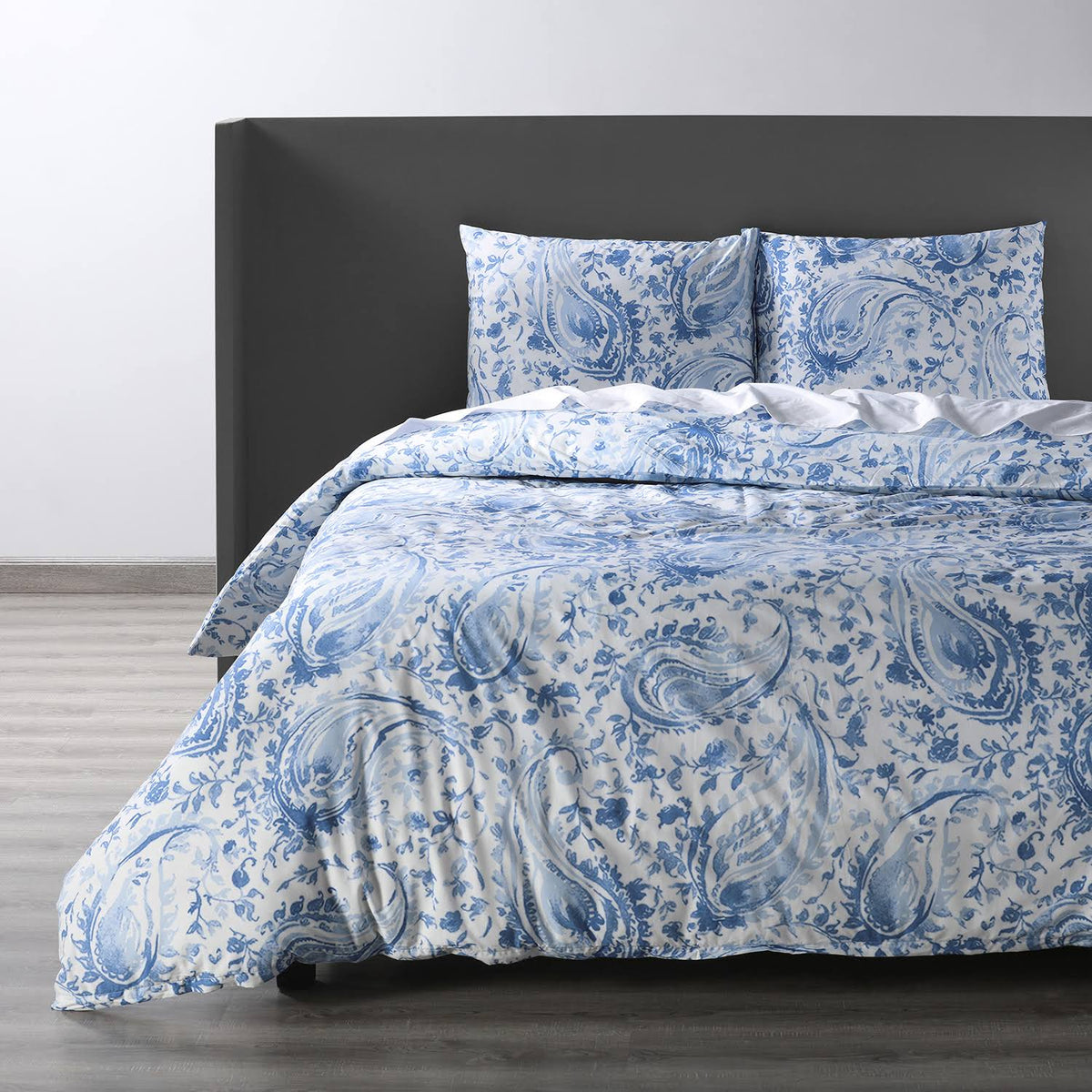 Queen Blue Cotton Percale Printed Duvet Cover Set I44307