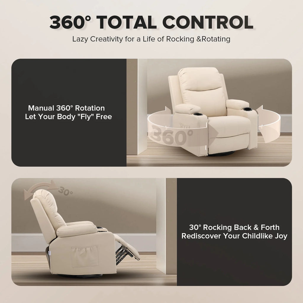 Black PU Leather Swivel Rocker Recliner Chair with Heat and Massage A6587