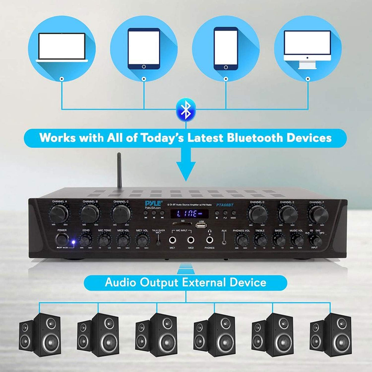 Wireless Bluetooth Stereo Receiver Amp 6 Channel 600Watt D4430