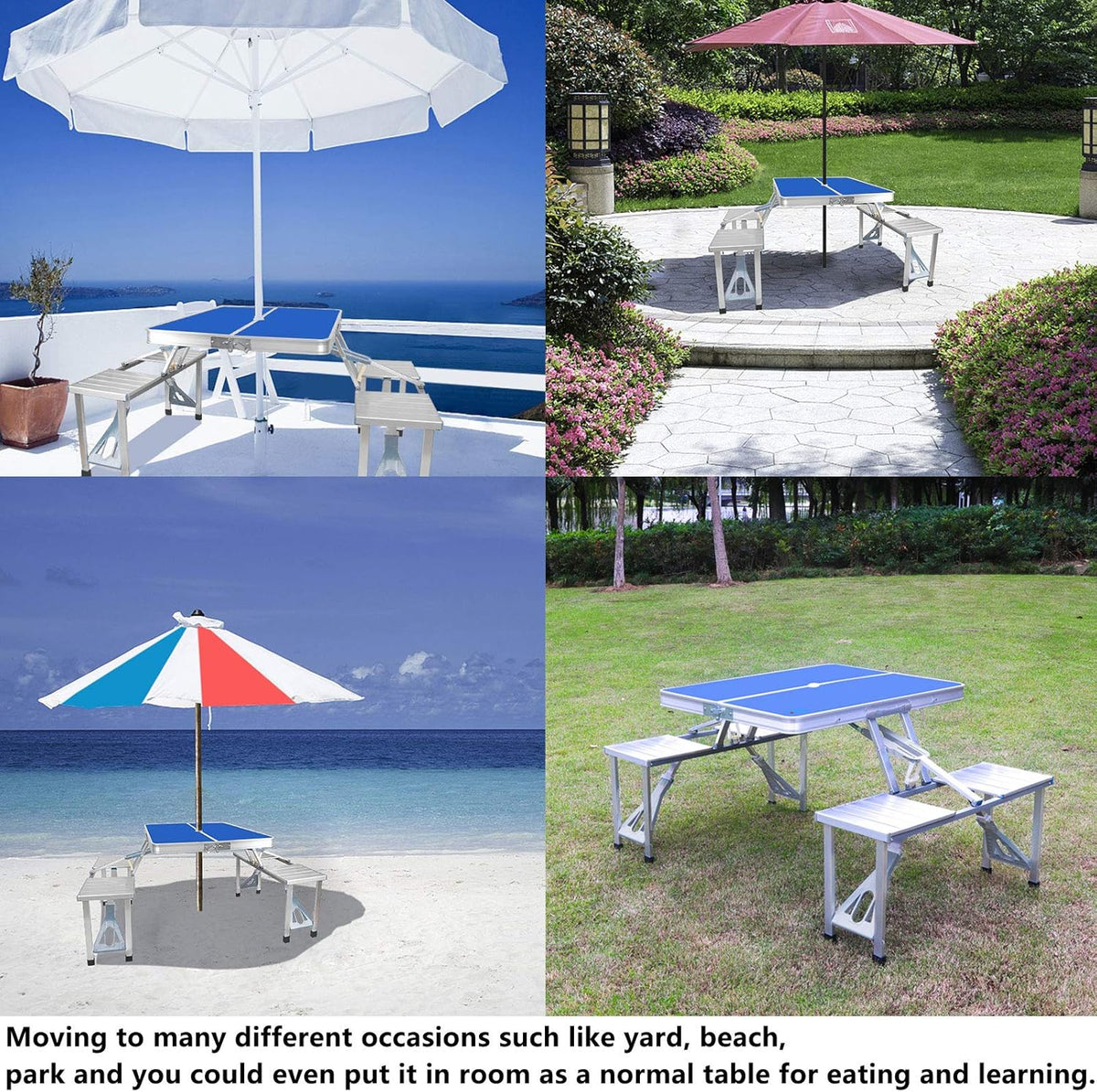 Blue Folding Camping Table with 4 Seats Chairs and Umbrella Hole T7974