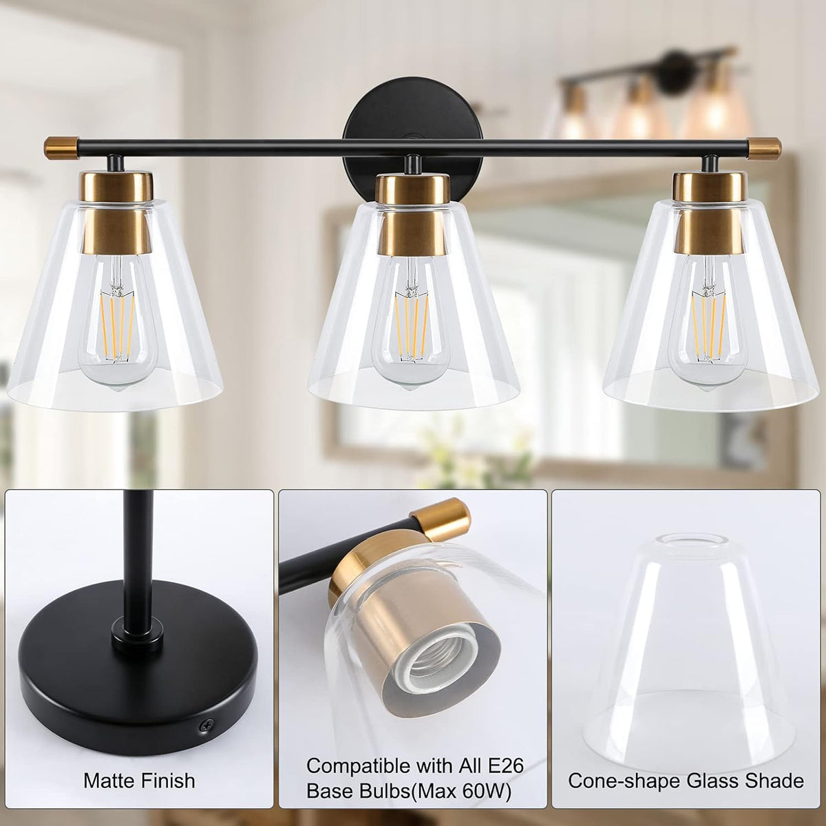 2-Light Matte Black Wall Sconce with Clear Glass Shade and Gold Base E717889