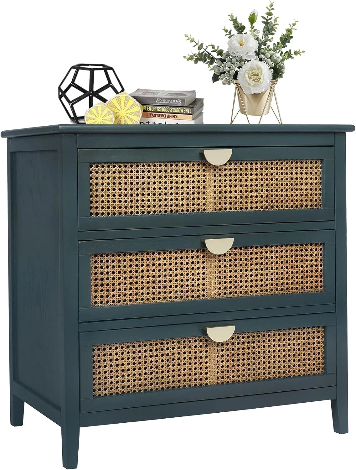 3 Drawer Rattan Dresser with Golden Metal Handles G895590