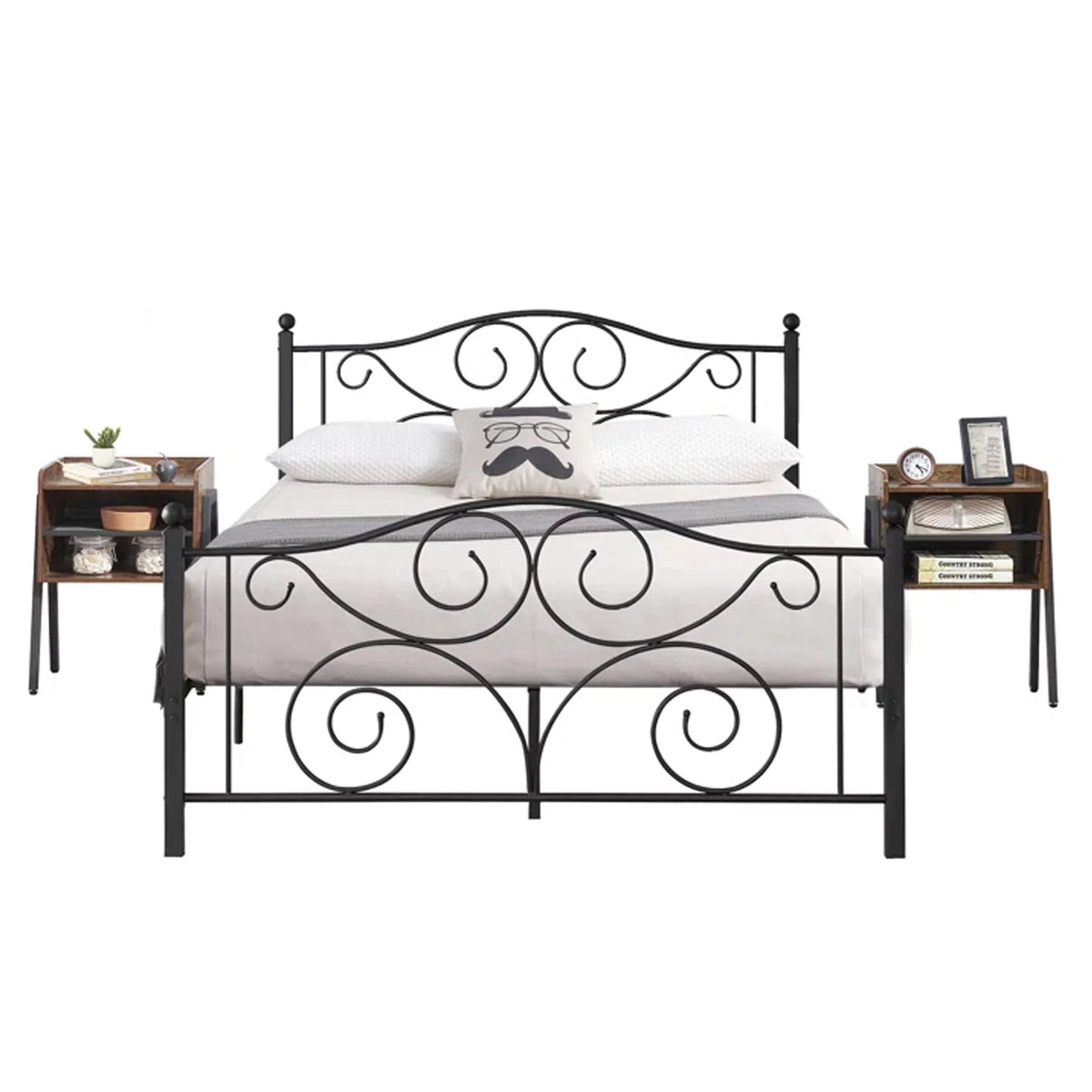 Full Size Metal Platform Bed Frame and 2 Stackable Nightstand V246
