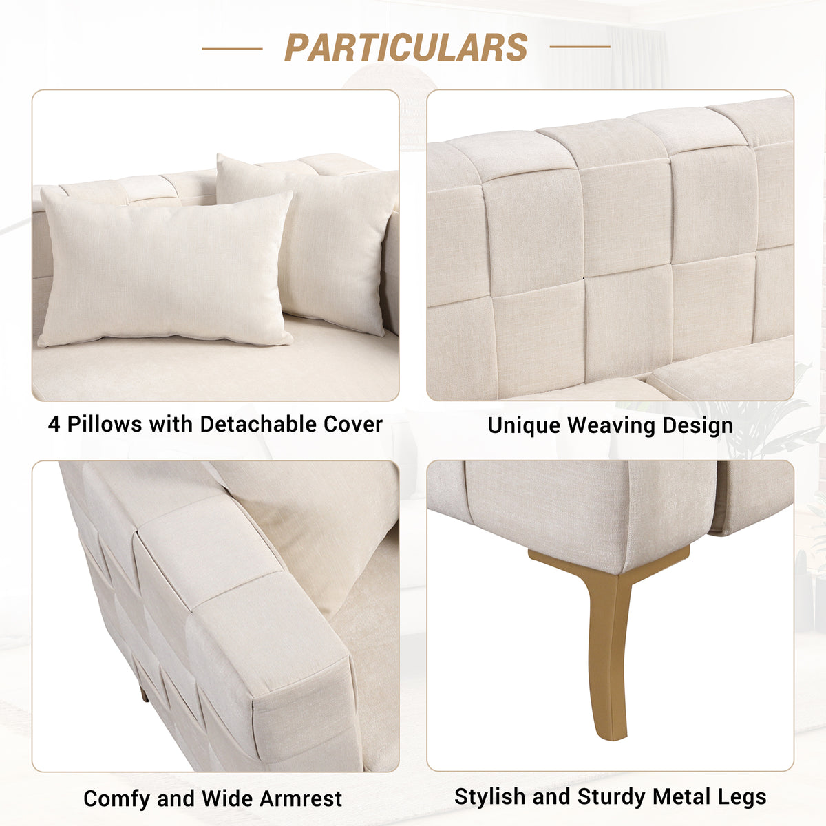 Beige Upholstered Sofa with 4 Pillows and Golden Metal Legs E4997