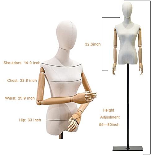 Beige Display Mannequin with Detachable Head, Wooden Hands, Adjustable Height Stand S9035