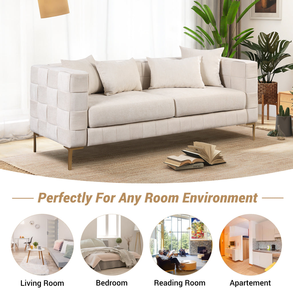Beige Upholstered Sofa with 4 Pillows and Golden Metal Legs E4997