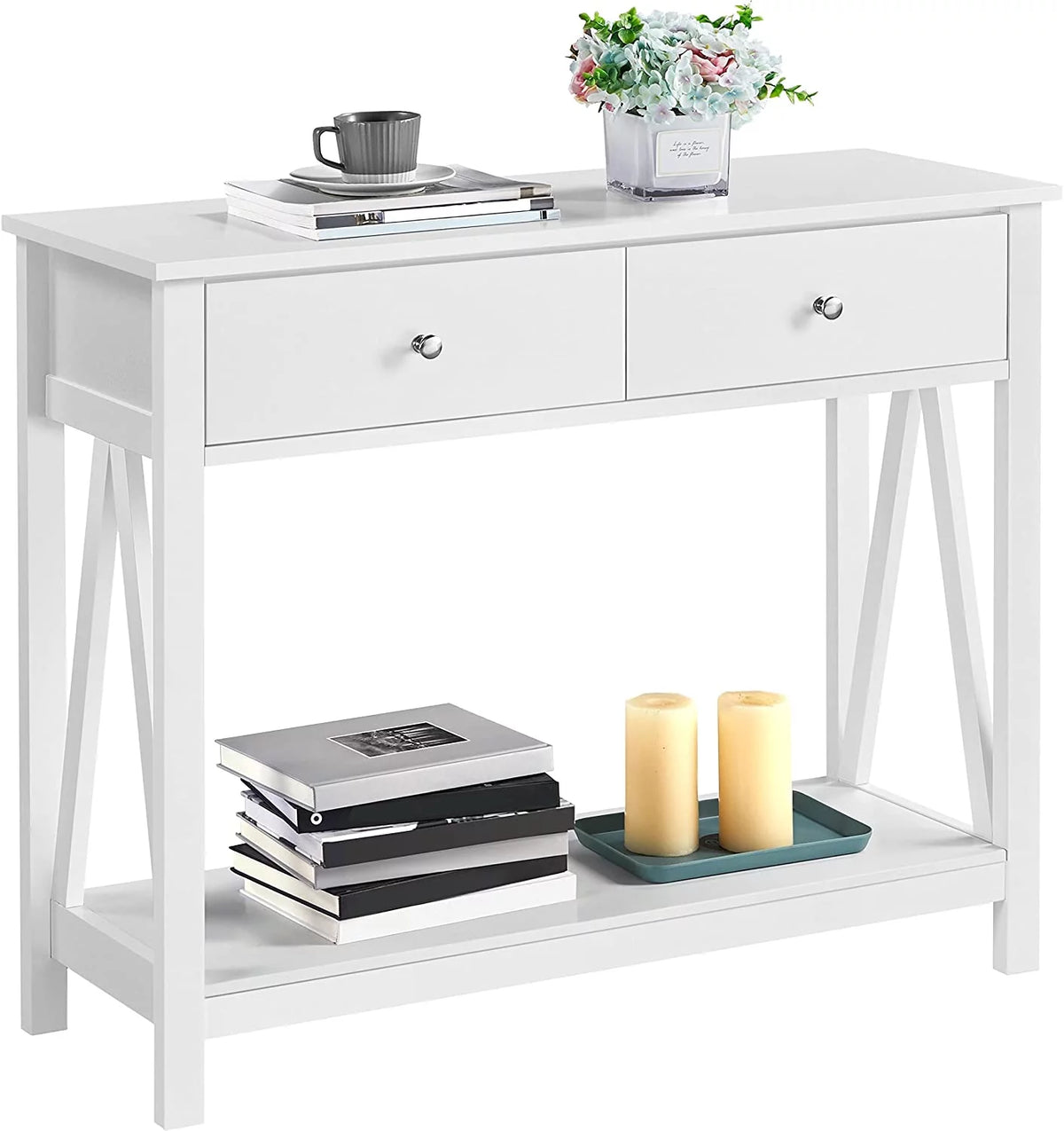 2 Tier Console Table with 1 Drawer and Open Storage Shelf, White D419532