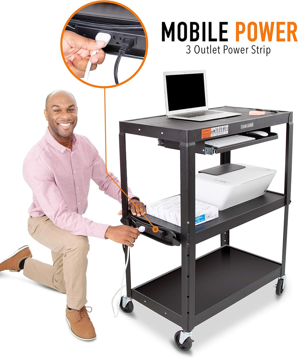 Large AV Cart with Retractable Keyboard Tray Height Adjustable Utility Cart Black 34in x 18in x 42in X872
