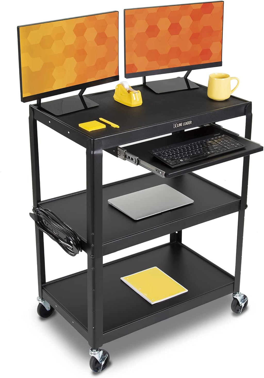 Large AV Cart with Retractable Keyboard Tray Height Adjustable Utility Cart Black 34in x 18in x 42in X872