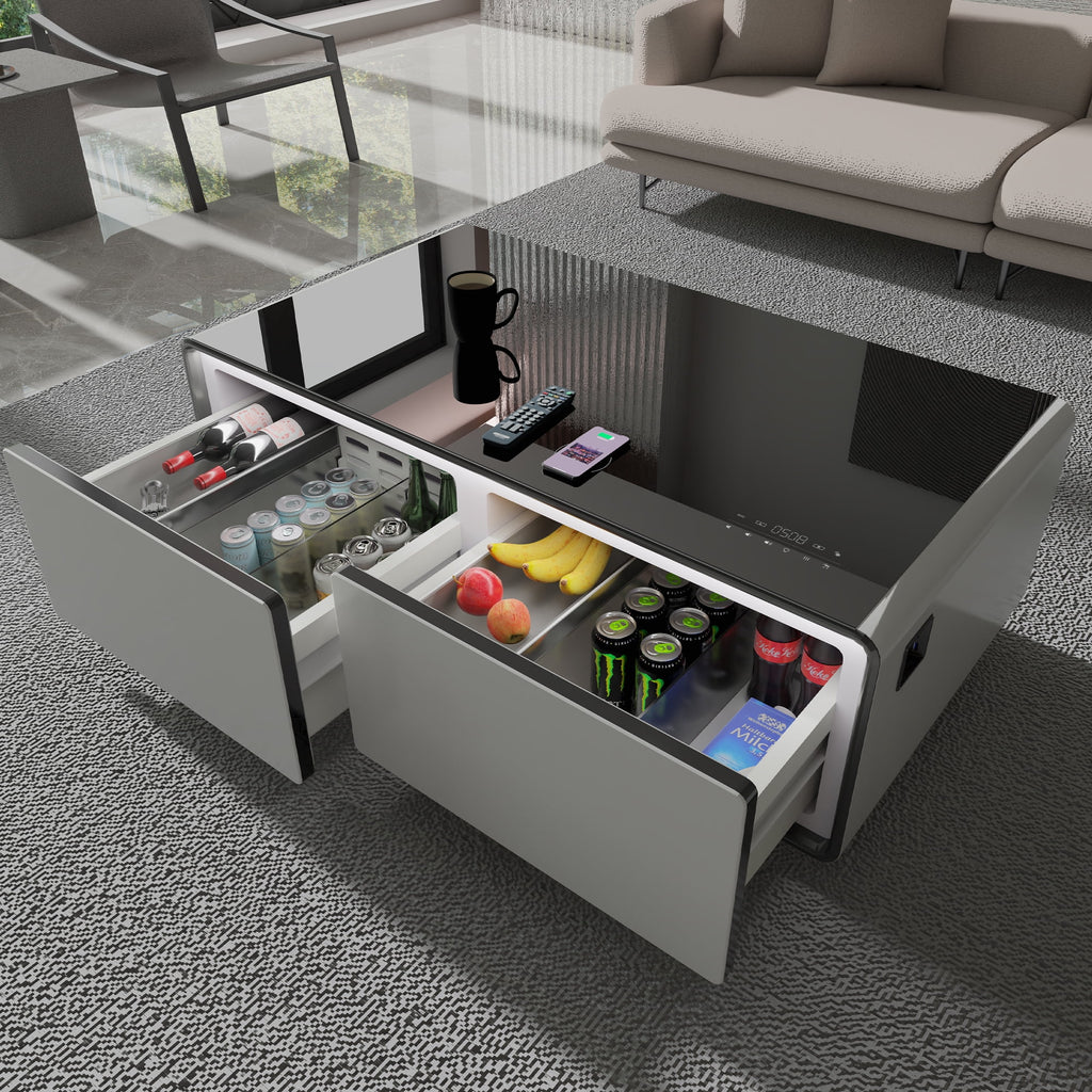 White Smart Coffee Table with Fridge and Bluetooth Speakers A428