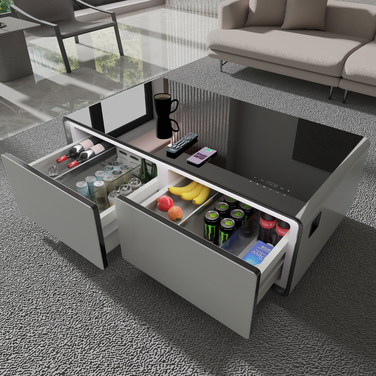 White Smart Coffee Table with Fridge and Bluetooth Speakers A428