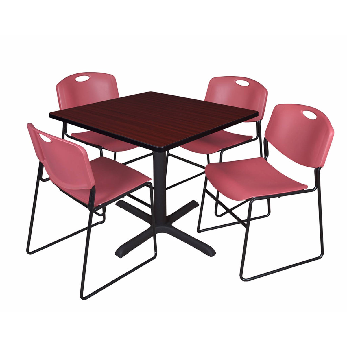 Mahogany Square Breakroom Table & 4 Black Stack Chairs A43674