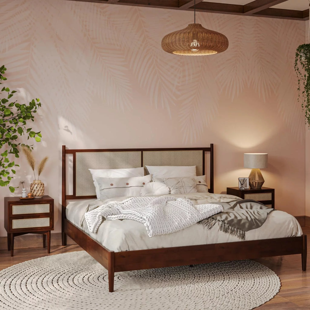King Acacia Wood Bed Frame with Rattan Headboard V575222