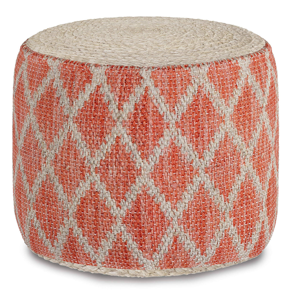 Coral and Natural Woven Braided Jute Round Pouf Y283368